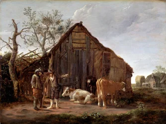 Zwei Bauern mit Kühen